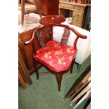 20thC Hardwood Chinese Carved Corner Chair with Dragon decoration and matched upholstered seat