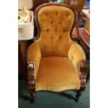 Victorian Mahogany button back Elbow chair on ceramics casters