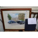 Watercolour of Riley Lynx and Riley Kestrel in the front of Clare College by Graham Bosworth dated