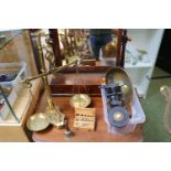 Pair of Brass weighing balances with integral weights and assorted weighing scales with assorted