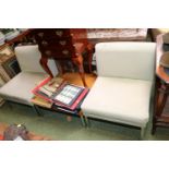 2 Upholstered Mid Century waiting room chairs on Chrome frame and a matching side table