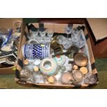 Box of assorted Glassware and ceramics inc. Chinese Famille Verde lidded vase etc