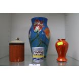 Dennis China Works floral decorated vase, Copenhagen lidded jar, Moorcroft vase and a Poole Egg Cup