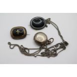 Edwardian Silver Sovereign case, Agate set brooch and a Mourning Brooch with gold inset