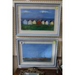 Pair of Norfolk oil on boards depicting sailing boats and Beach Huts signed T E Kearns 99