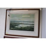 Framed Peter Scott print of ducks in flight signed in Pencil with blind stamp