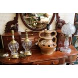 Pair of Brass and glass etched table lamps, Crystal table lamp and a 1970s Lamp Base