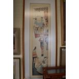 Large Chinese framed watercolour of a Woman in boat with a woman on balcony character signed to