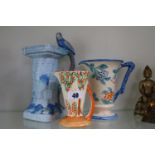 Flaxman Ware Budgerigar ewer and 2 other Deco Vases