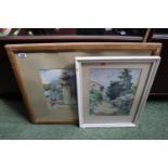 Large Gilt Gesso framed watercolour of a Mediterranean scene and a Garden scene by F Waring