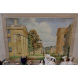 Framed watercolour 'Downing College' by E Moloy? dated 1934