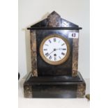 19thC Belgian Slate and marble mantel clock with Roman numeral dial complete with pendulum and key