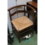 Oak 19thC Country Corner Chair with rush seat and pierced back over straight stretchers