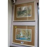 Pair of Framed watercolours depicting woodland scenes entitled 'A Slope of Bluebells' and Thorough