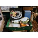 Box of assorted Vintage Pyrex and a a boxed Carmen Glass Cake stand