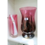Large Monart style Cranberry glass flared vase and a Cylindrical Studio vase