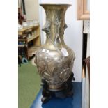 Large Chinese Floor Vase decorated with stork and Lotus flower supported on wooden tri base 55cm