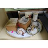 Noritake part dressing able set, 2 Musical boxes and a Crested Beaker by TW Rogers of Peterborough