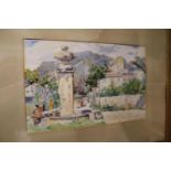 Lily Waring framed watercolour of a Continental village view