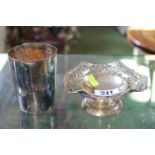 Edwardian Silver Pieced tazza 120g total weight and a Silver plated Mug marked Royal Enfield