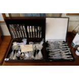 Sheffield Stainless Steel Canteen of Cutlery in Mahogany case and a Set of fish knives and forks