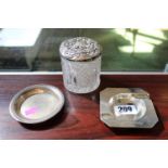 Silver Ashtray for Major W Cowley and a White metal pin dish and a Edwardian embossed Silver