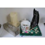 Malachite Chess board with Pieces, Minton Haddon Hall lidded pot, Pair of Marble bookends,
