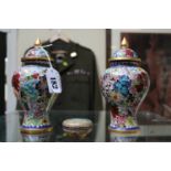 Pair of Fine Chinese Cloisonne lidded vases with bright floral decoration 18cm in Height and a