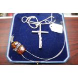 Large Silver Cross Pendant and necklace and a Silver and Amber necklace