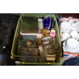 Large Tray of assorted bygones to include a collection of Royal related Postcards, Glassware and