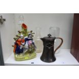 19thC Staffordshire Flatback, Sheffield Silver plated Arts & Crafts water jug and assorted decanters