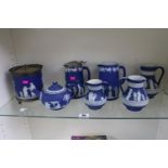 Collection of 19thC and later Wedgwood Jasperware inc Biscuit Barrel, graduated set of jugs etc