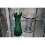 Art Deco Scandinavian panelled decanter, Flared Deco vase and a Green Art Glass vase