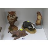 Collection of 4 Aynsley figures inc. Scops Owl, Elephant, Badger and a Otter