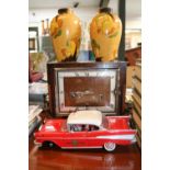 Art Deco Oak cased clock, pair of Deco Vases and a Fire Chief model Car