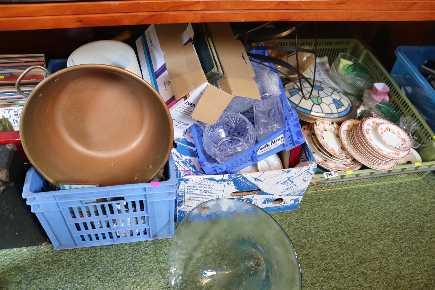 3 Boxes of assorted Glassware, Ceramics and bygones inc. Aynsley, Copper 2 handled pan etc