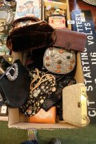 Box of assorted Vintage Purses and Handbags inc. Mulberry, Gem set white metal clutch bag etc