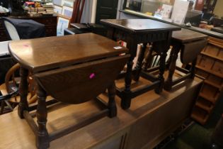 Pair of Oak drop leaf tables with straight supports and a Oak Stool