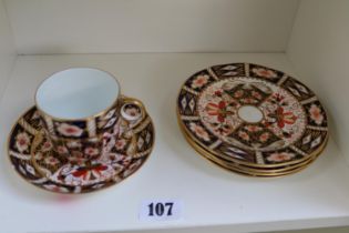 Royal Crown Derby Imari pattern, set of four sandwich plates and tea cup and saucer.