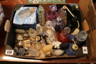 Box of assorted Art Glass and White metal scent bottles and Atomisers Edwardian and later