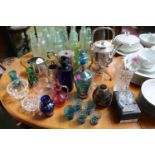 Aesthetics movement Silver plated kettle on stand, 3 piece Silver Tea set and assorted Art glassware