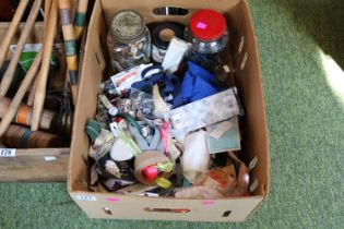 Box of Sewing and Haberdashery related items inc. Buttons, Zips and Fabric
