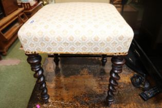 19thC Upholstered Hardwood stool with sugar twist supports and upholstered seat