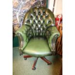 Good quality Green Leather chesterfield button back Elbow chair on swivel base