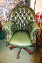 Good quality Green Leather chesterfield button back Elbow chair on swivel base