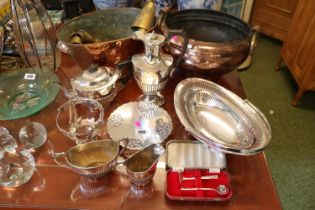 Collection of 19thC and later Silver plated tableware, 19thC 2 handled Copper planter, Hammered