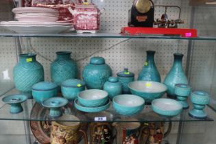 Large 18 piece collection of Beswick turquoise Cathy pattern China, two pairs of vases, meander