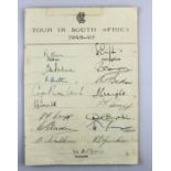 Signed Official MCC Team Tour Sheet South Africa 1948/49. A Marylebone Cricket Club (England) signed
