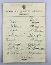 Signed Official MCC Team Tour Sheet South Africa 1948/49. A Marylebone Cricket Club (England) signed