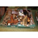 2 Boxes of assorted Collectables and bygones inc. Pair of Cannon stylised book ends, Bijoux